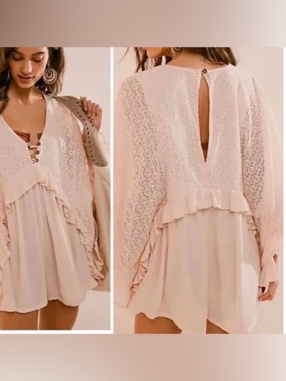 Free People free-est As You Are Crochet Lace Ruffle Romper Blush Pink W/pockets